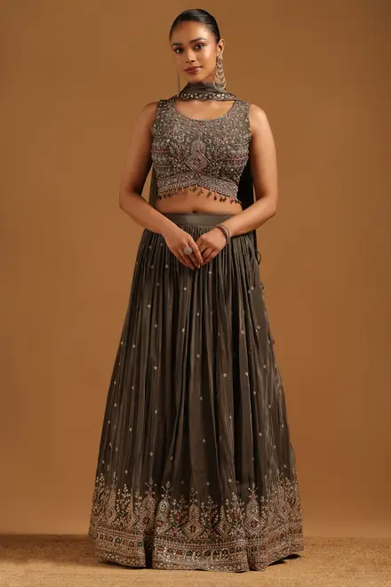 Grey Crepe Botanical Zari Embroidered Lehenga With Stones And Sequin
